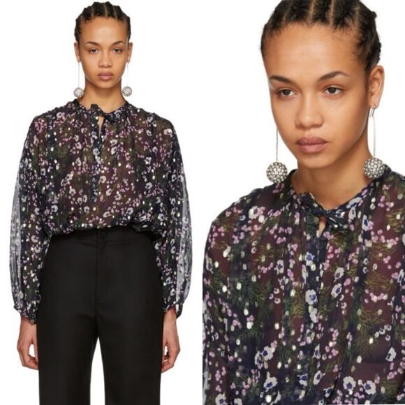 Isabel Marant Mia Silk Blue Midnight Blouse Floral Long Sleeve Size 4 - Picture 1 of 13